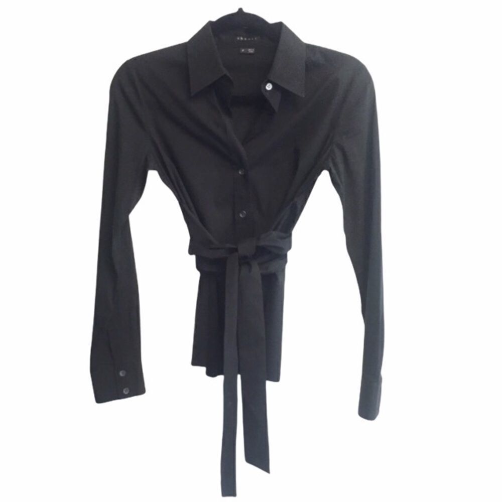 Theory Black Button Front Tie Waist Blouse Xs